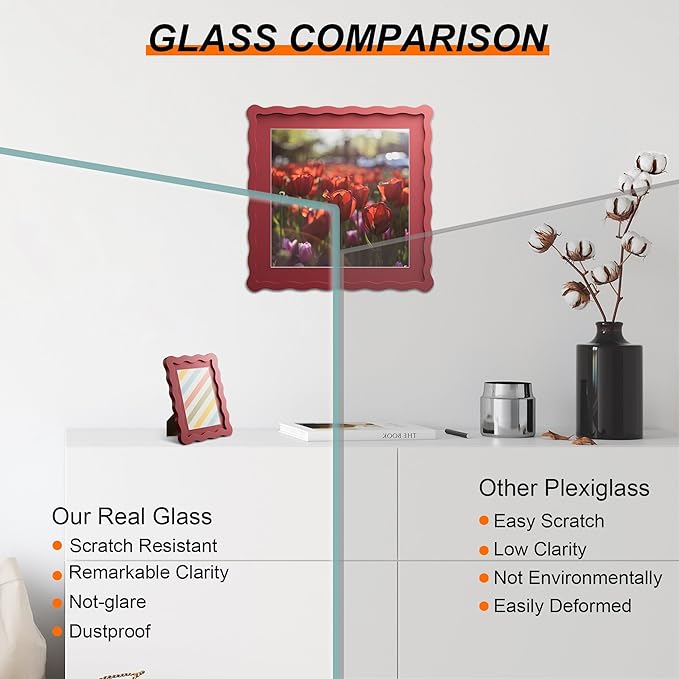 10x10 Picture Frame with Mat for 8x8, Wavy Edge Wooden Real Glass Photo Frame - Image 2