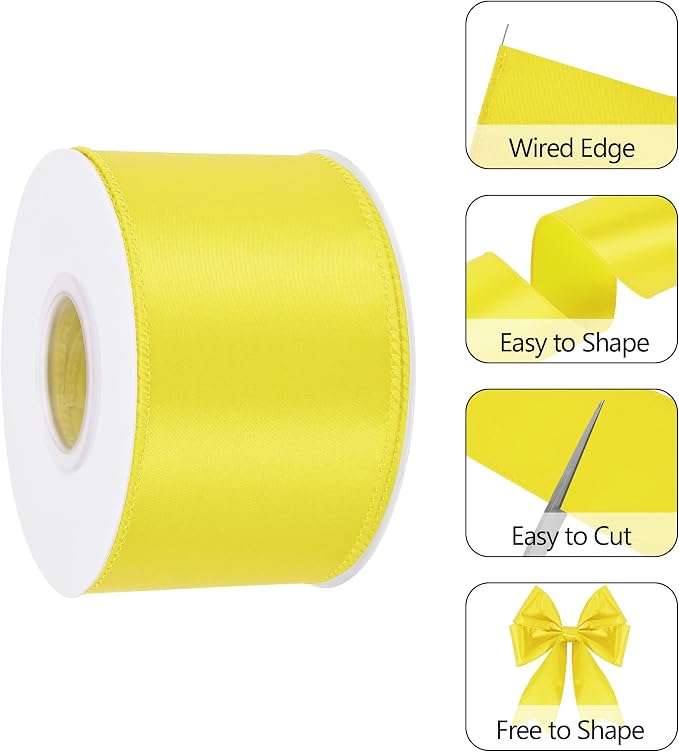 Yellow 2.5 Inch Continuous 25 Yards Satin Wired Ribbon - Image 3