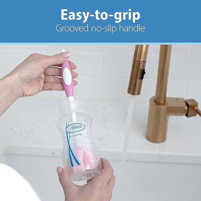 Dr. Brown's Reusable Sponge Baby Bottle Cleaning Brush with Suction Cup Stand, Scrubber and Nipple Cleaner, Pink 2-Pack