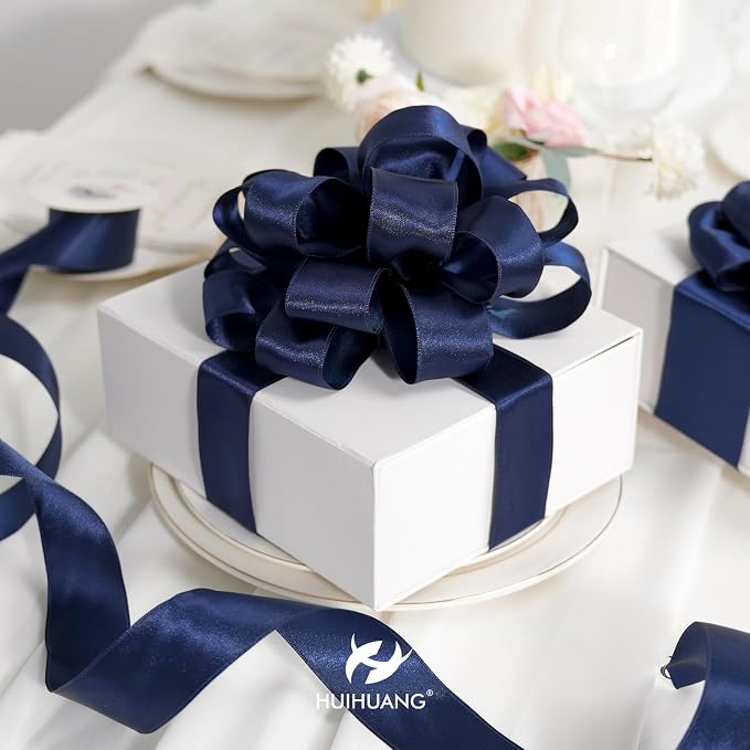 HUIHUANG Navy Blue Satin Wired Ribbon 1-1/2 inch Navy Double-Faced Satin Wire - Image 3