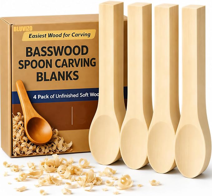 Basswood Spoon Carving Blanks 4-Pack: Unfinished Soft Wood Spoon Kit by YourTrustedCompanionontheCarvingJourney