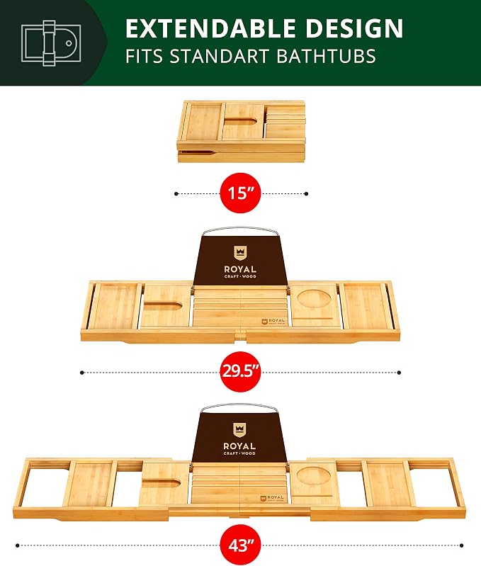 ROYAL CRAFT WOOD Premium Foldable Bathtub Tray Caddy - Image 3