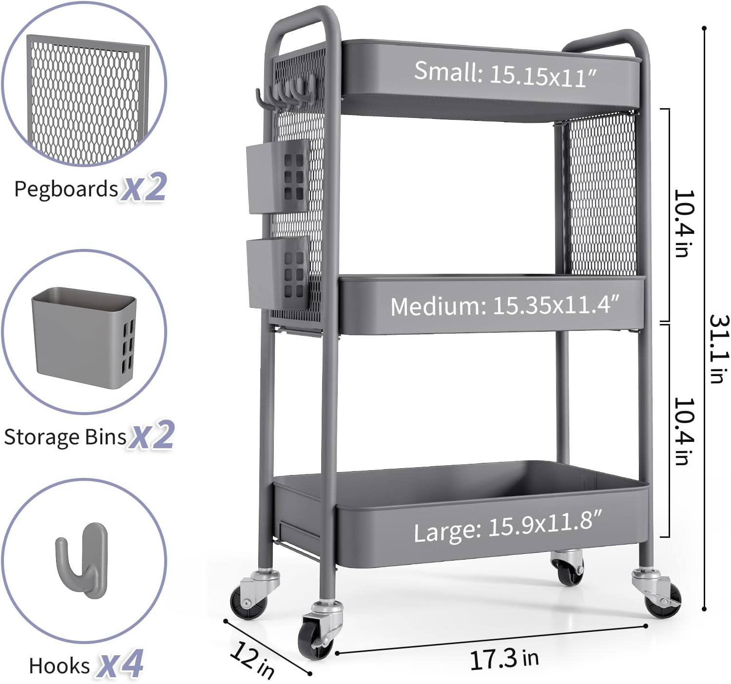 TOOLF 3 Tier Rolling Cart Storage Organizer, Metal Rolling Utility Cart with Wheels, Hooks & Bins Esthetician Craft Art Sturdy Storage with Pegboard for Bathroom, Kitchen, Office, Nursery Diaper