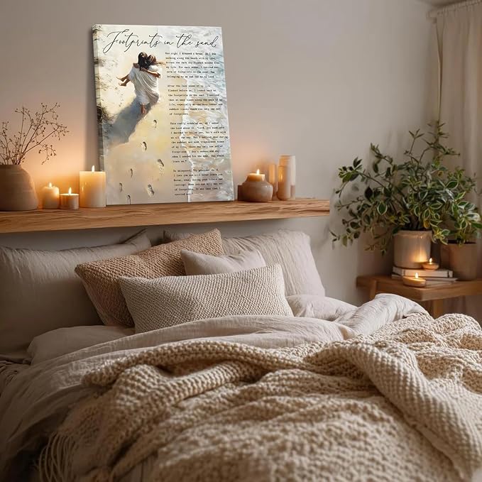 Jesus Footprints in the Sand Wall Art Jesus Holding Woman Painting Picture Wall - Image 4