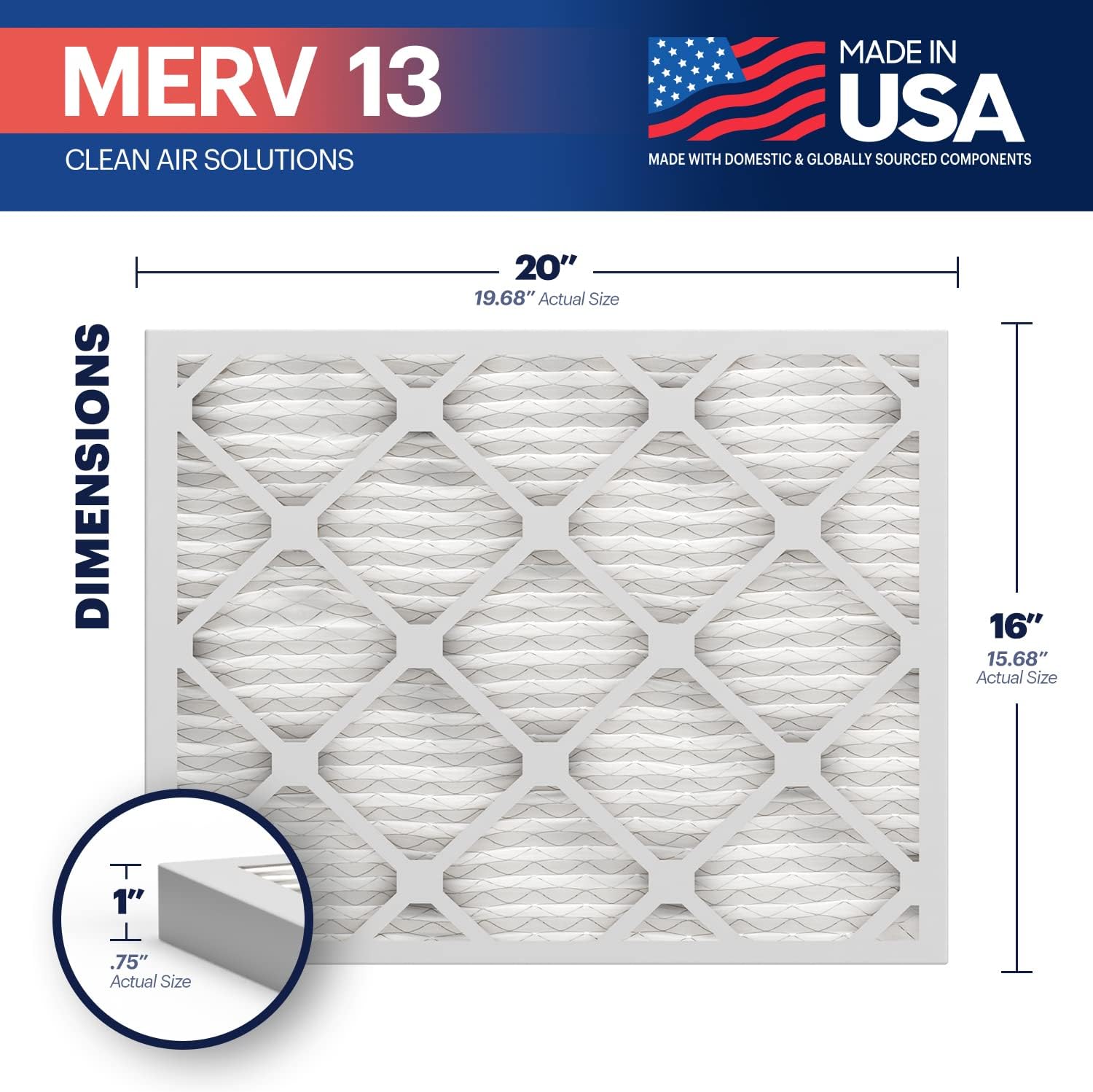 BNX TruFilter 16x20x1 Air Filter MERV 13 (6-Pack) - MADE IN USA - Electrostatic Pleated Air Conditioner HVAC AC Furnace Filters for Allergies, Pollen, Mold, Bacteria, Smoke, Allergen, MPR 1900 FPR 10
