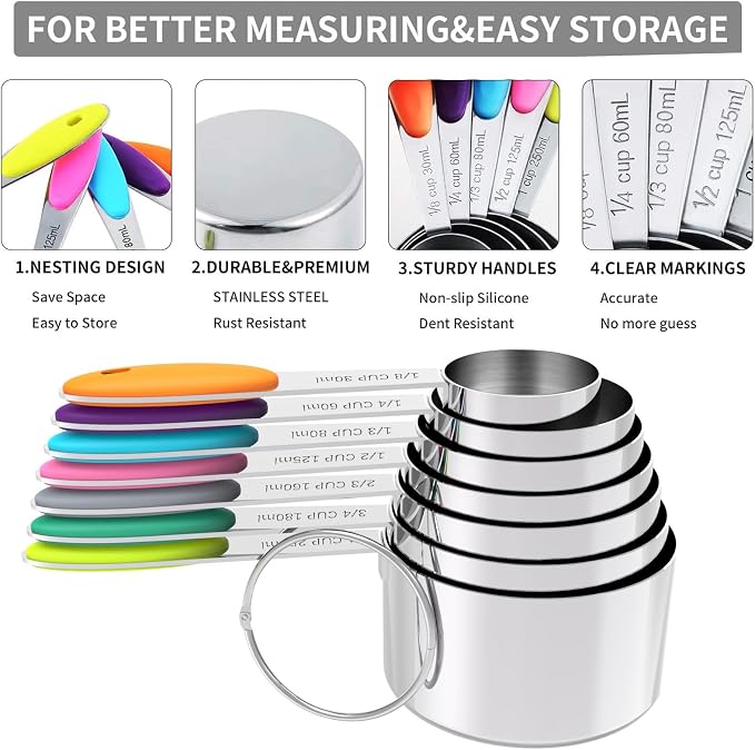 TILUCK Nesting Measuring Cups and Spoons Set, Stainless Steel - Image 5