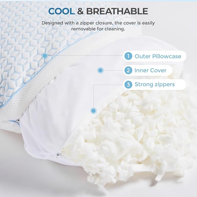 Sweetnight Cooling Pillows Queen Size Set of 2, Shredded Memory Foam Pillows 2 - Image 6