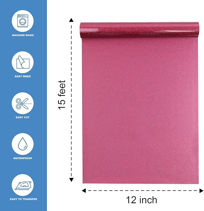 Rose Red Glitter Heat Transfer Vinyl 12" x 15 ft HTV - Image 2