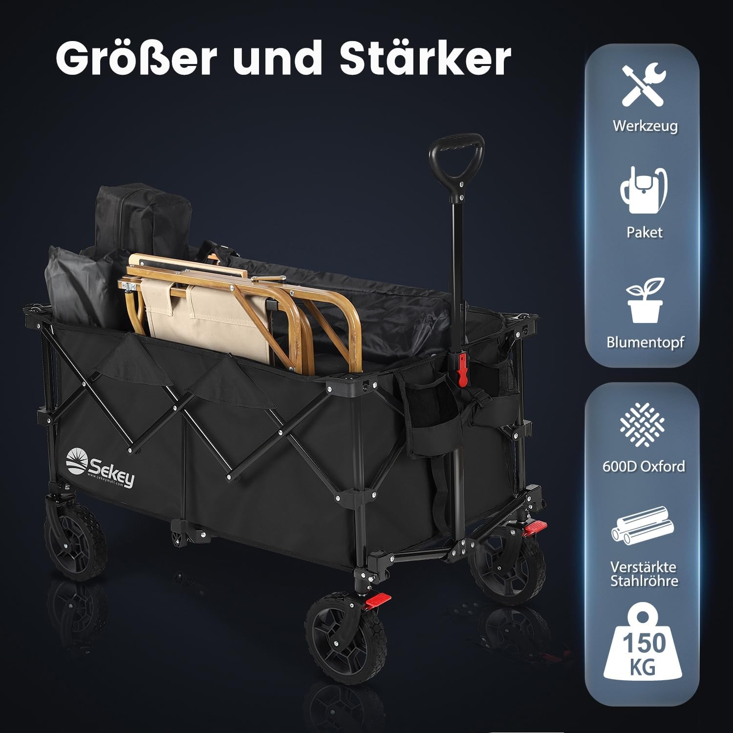 Sekey 220L Collapsible Foldable Wagon with 330lbs Weight Capacity, Heavy Duty Folding Wagon Cart with Big All-Terrain Wheels & Drink Holders (Black)