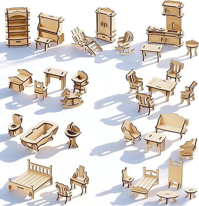 LOVEINUSA 34 PCS DIY Wooden Dollhouse Furniture Set, 1:20 Scale Miniature Room by LoveInUsa