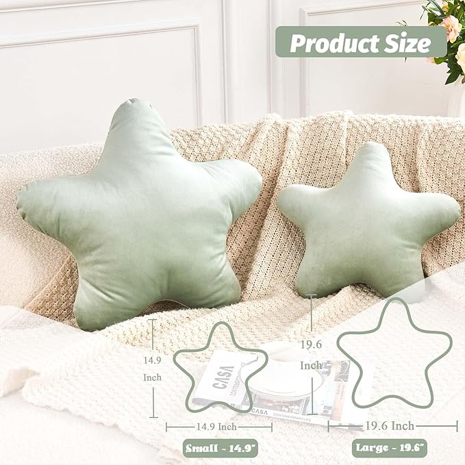 Sage Green Star Throw Pillow, Cute Star Pillow Room Decor, Soft 19.6" Star Shaped Decorative Throw Pillow for Bedroom, Star Plush Floor Cushions Pillows