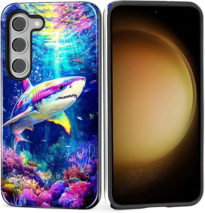for Samsung Galaxy S23 Case, Colorful Ocean Sharks Pattern Glossy 2 in 1 by Teonvpu