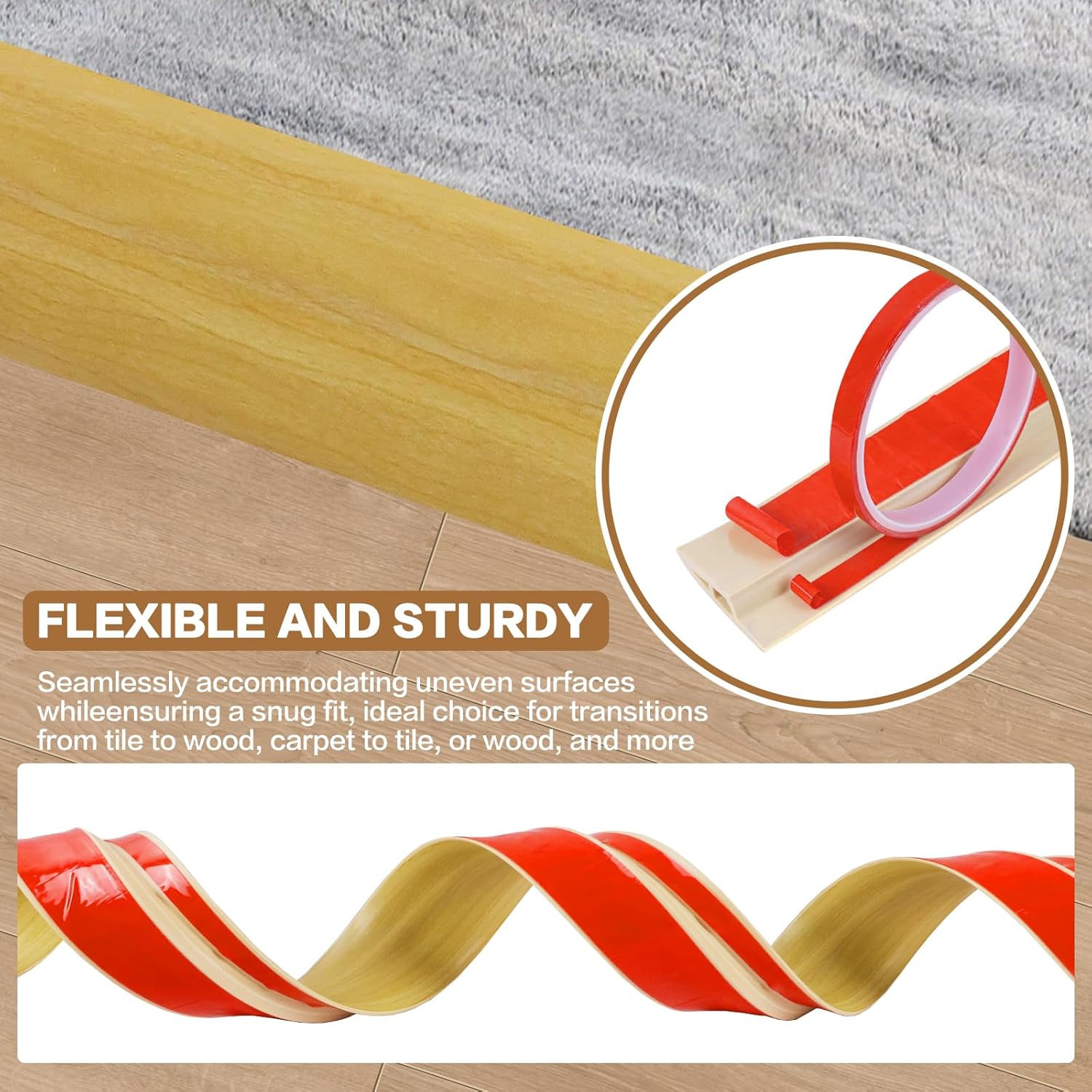 Floor Transition Strip Vinyl Door Threshold Ramp Self Adhesive Carpet Edging Strip Doorway Edge Trim, Overlap Edge Reducer for Laminate Carpet, Floor, Tile (Raw Wood Grain, 1/5" to 2/5", 6.6Ft)