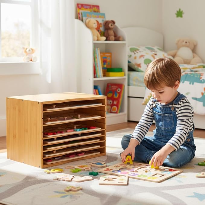 Ripeng 2 Pack Bamboo Puzzle Holder Rack, 7-Tier Adjustable Storage Organizer - Image 5