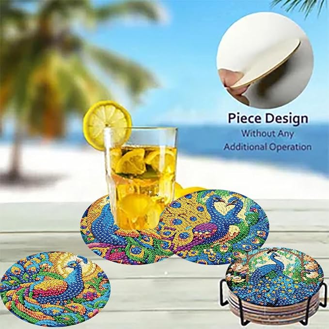 8 Pack Diamond Art Coasters, Peacock animals Diamond Painting Coasters Kits | - Image 4