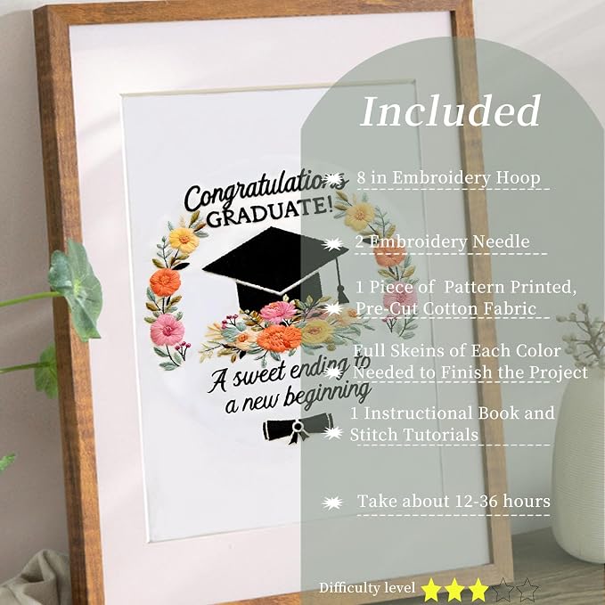 FONNUY Graduation Embroidery Kit, Floral Grad Cap Design Cross Stitch Kits - Image 2
