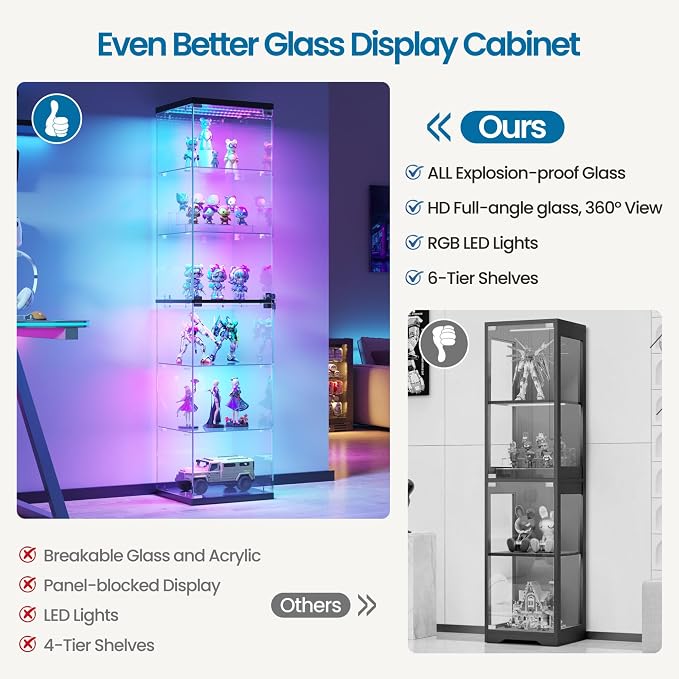 Dystler 6-Tier Glass Display Cabinet, RGB LED Lights & Lock | 66.9" Display Case - Image 4