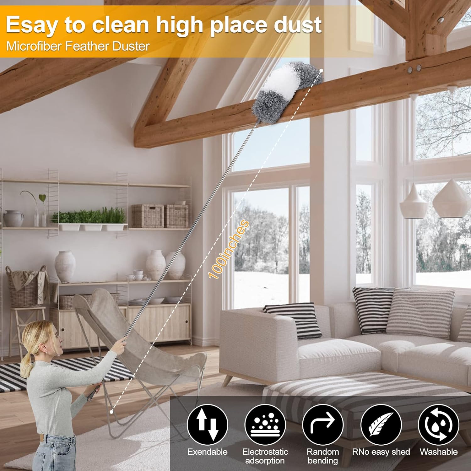 Microfiber Duster for Cleaning Fan, High Ceiling, Blinds, Furniture, Cars , 9PCS Extendable Feather Duster (Stainless Steel) 30 to 100 Inches, Reusable Bendable Washable