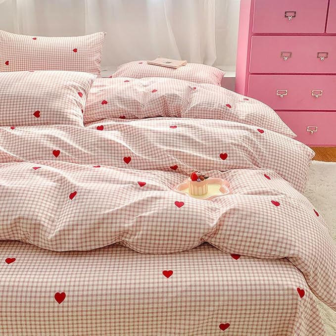Nayoroom Gingham Duvet Cover Full Size Pink Plaid Red Heart Printed on White - Image 7