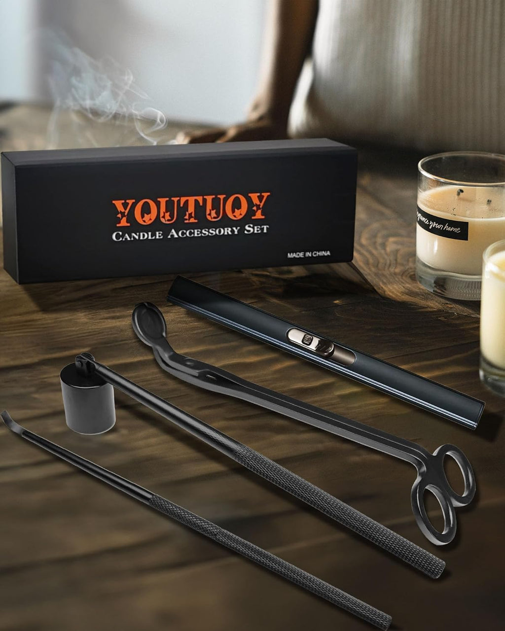 4 in1 Candle Accessory Set with Rechargeable Candle Lighter, Candle Wick Trimmer, Candle Wick Snuffer, Candle Wick Dipper, Candle Care Kit (Matte Black)