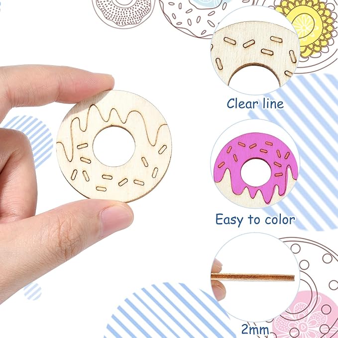 100 Pcs Unfinished Wood Cutouts Donut Wooden Shapes Dessert Wood Crafts - Image 3