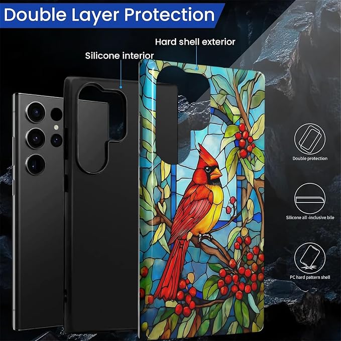 for Samsung Galaxy S23 Ultra Case, Stained Glass Cardinal Bird Pattern Glossy 2 - Image 2