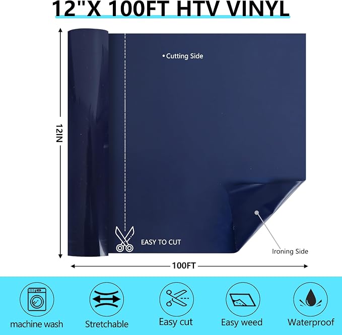HTVVETUR Navy Blue Iron on Vinyl Roll 12" x 100ft, HTV Heat Transfer Vinyl - Image 2