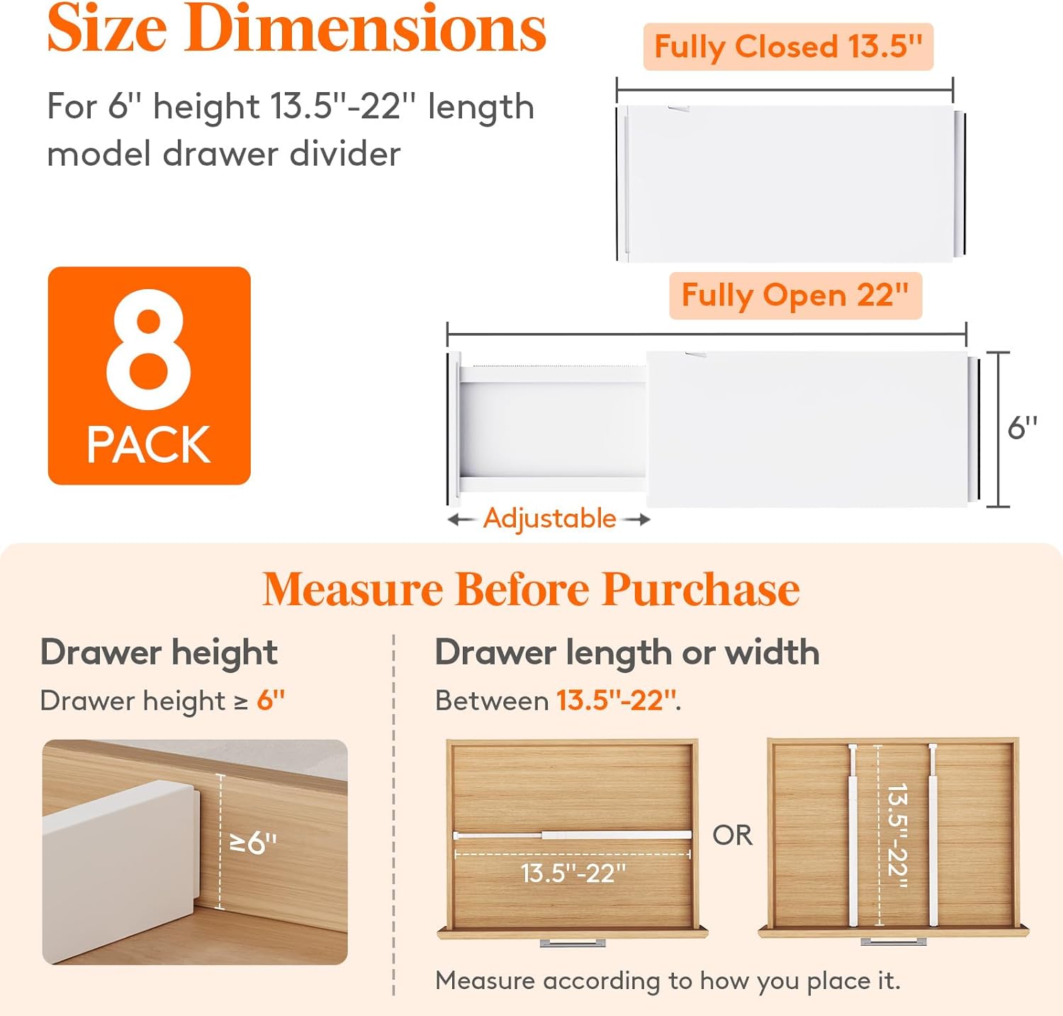 Lifewit 8 Pack Drawer Dividers Plastic 6" High, 13.5-22" Adjustable Drawer Organizers for Clothes, Expandable Dresser Separators in Bedroom/Bathroom/Kitchen/Fridge/Office Organization and Storage