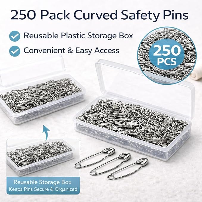 250 PCS 1.5 Inch Curved Safety Pins, Stainless Steel Quilting Pins | Curved - Image 4
