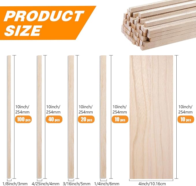 180Pcs Balsa Wood Sticks, Hardwood Square Dowels Unfinished Wooden Strip | 1/8 - Image 3