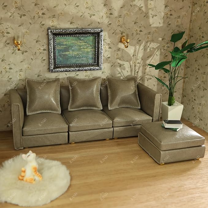 iLAND Dollhouse Furniture Sectional Dollhouse Couch Set Grey Faux Leather Sofa - Image 4