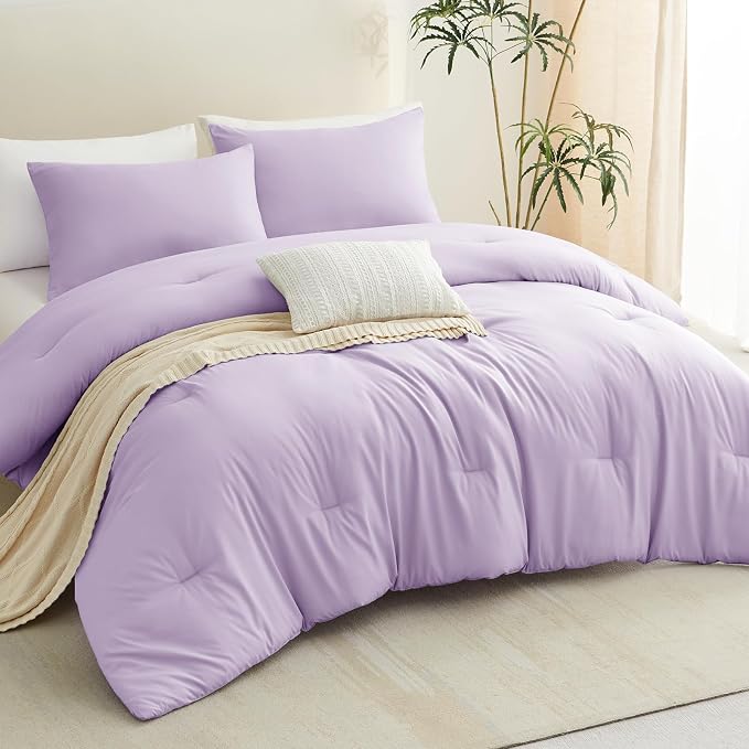 CozyLux Lavender King Size Comforter Set, 3 Pieces Light Purple Solid - Image 7