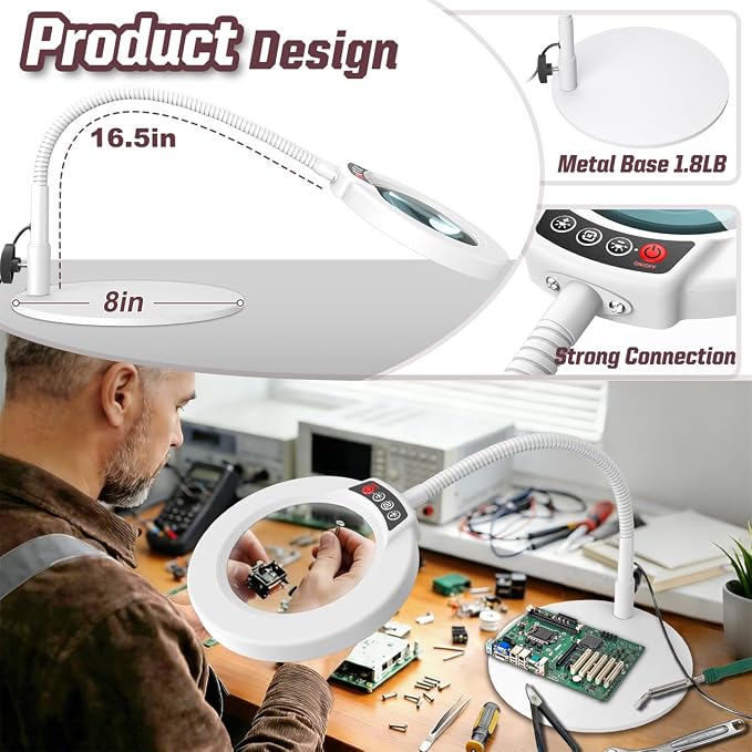 10X Magnifying Glass with Light and Stand, 16.5in Flexible Goose-Neck, 5 Color - Image 2