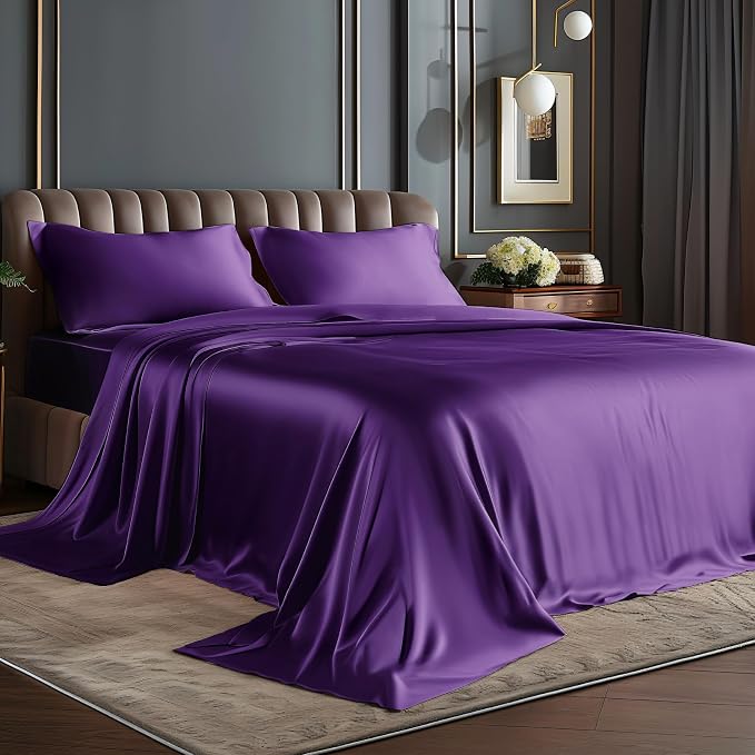 BEDELITE Satin Sheets Queen Size Bed Set, Luxury Soft Plum Purple Sheets by BEDELITE