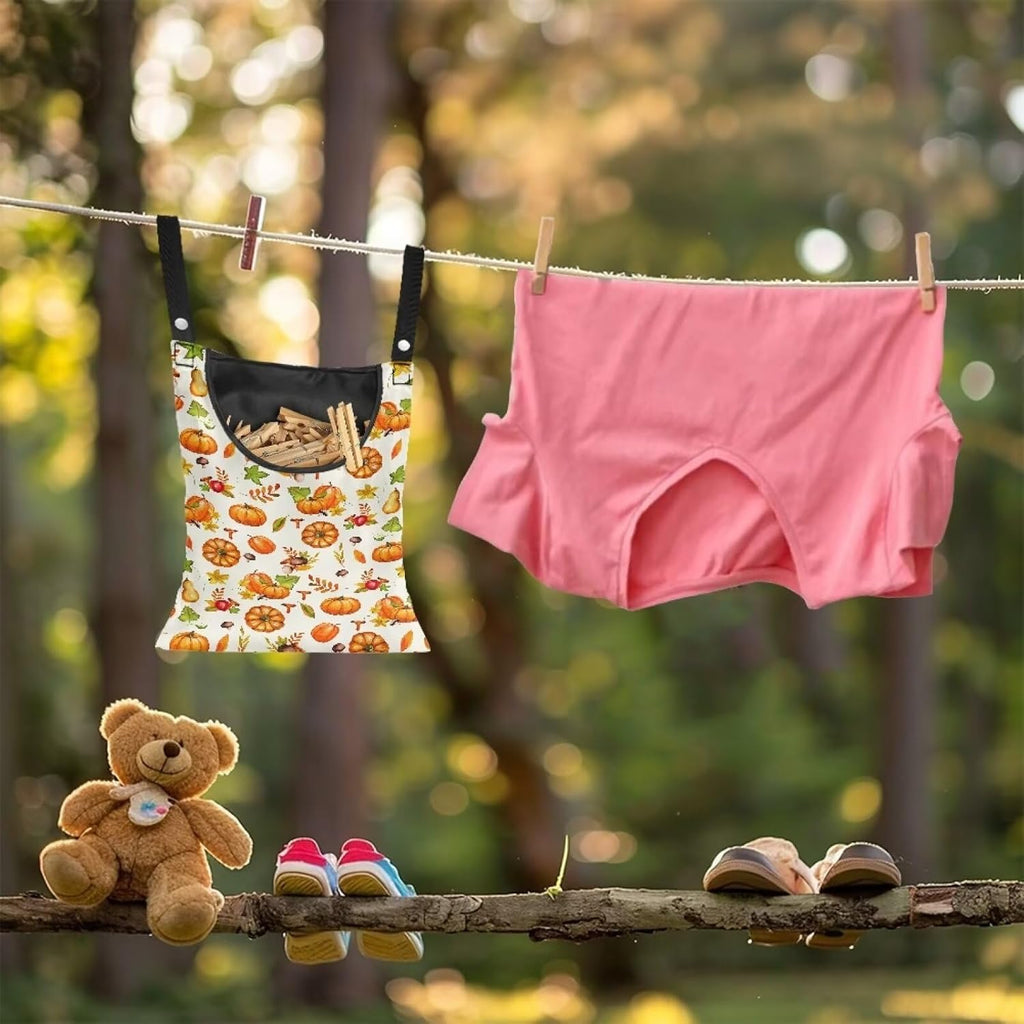 Pumpkin Print Clothespin Bag with Hanging Rope Space-Saving Clothespin Storage Organizer Waterproof Clothes Pin Holder for Clothesline Outdoor Waterproof Clothespin Storage