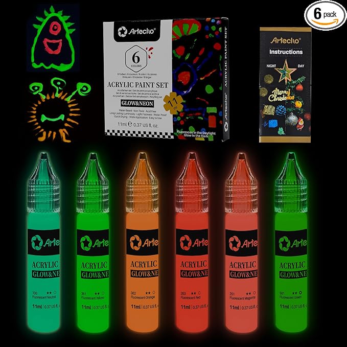 Artecho Glow in the Dark Acrylic Paint Set – 6 Colors x 11ml | Non-Toxic by Artecho