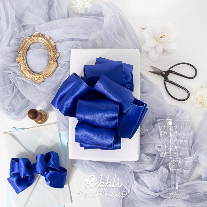 Ribbli Royal Blue Double Faced Satin Wired Ribbon 1.5 Inch Blue Christmas Ribbon - Image 3