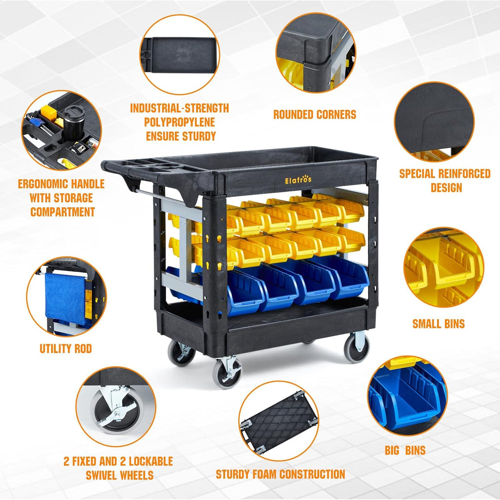 Elafros 2-Tier Utility Cart with 32 Storage Bins – Heavy-Duty Rolling Service Cart with Deep Tub Shelves, Locking Wheels, 550 lbs Capacity, 40.7"x17", for Workshop, Garage, Office