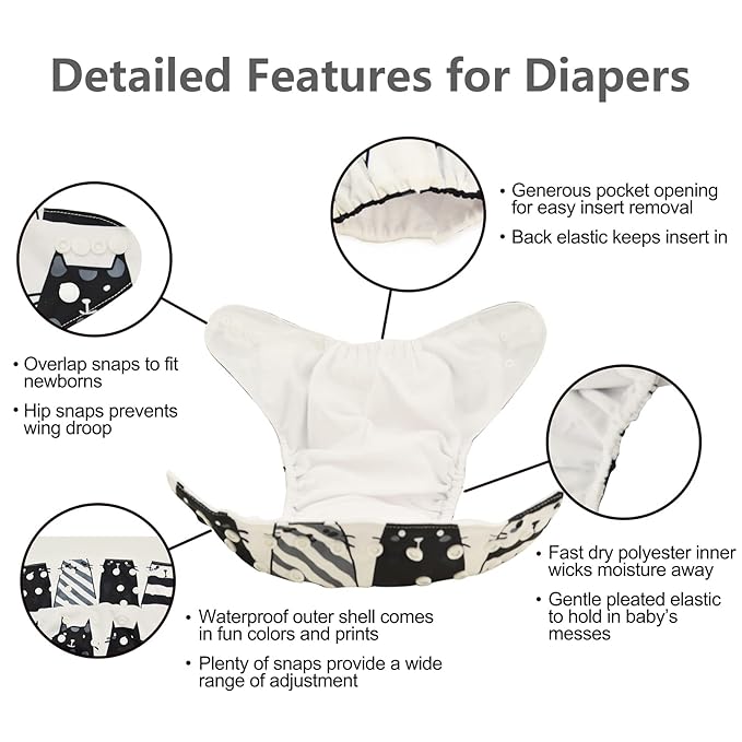 babygoal Reusable Cloth Diapers 6 Pack+6pcs Rayon from Bamboo Inserts+Wet Bag, One Size Adjustable Washable Pocket Nappy Covers for Baby Boys and Girls 6FB36