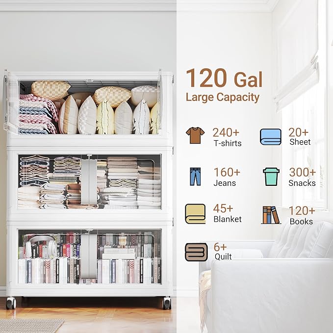 BROVIEW 480QT Stackable Storage Bins with Lids, 120Gal Extra Large Collapsible Storage Box with Wheel, Plastic Storages with Clear Door Open Front for Home Kitchen Garage, White-3pack(3 lids)