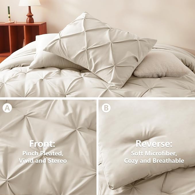 CozyLux Twin XL Comforter Set Beige, 5 Pieces Twin Extra Long Pintuck Bed in A - Image 3