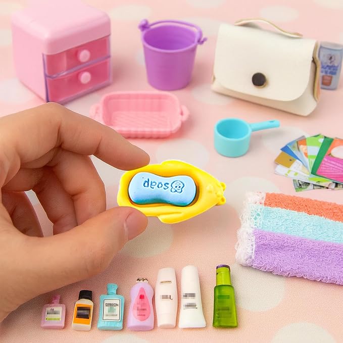 118Pcs Dollhouse Mini Jewelry Storage Case Cosmetic Hand Bag Towel Bathroom Set - Image 9