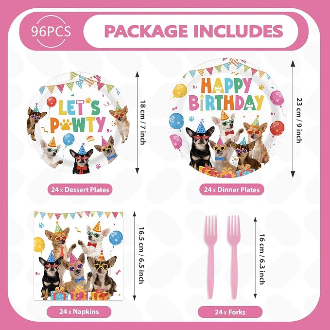96Pcs Chihuahua Birthday Party Decoration Let's Pawty Plates and Napkins Puppy - Image 5
