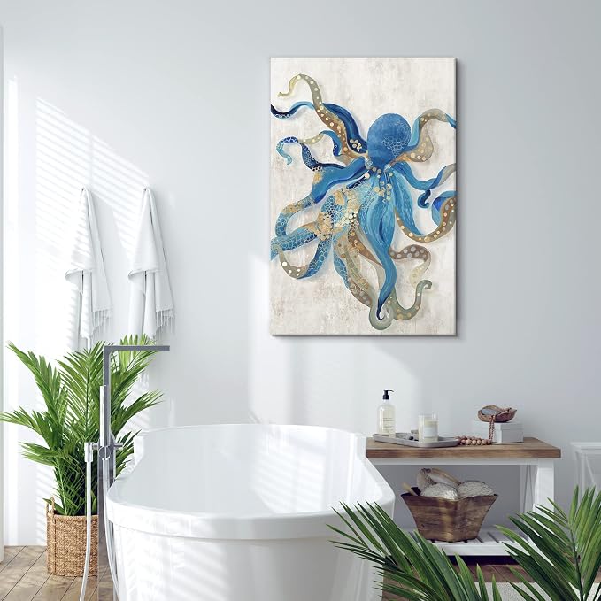Octopus Canvas Wall Art Blue and Gold Sea Animal Picture Ocean Life Theme - Image 3