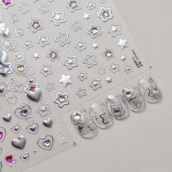 Star Nail Art Stickers Silver Star 5D Embossed Nail Decals by POWPOP