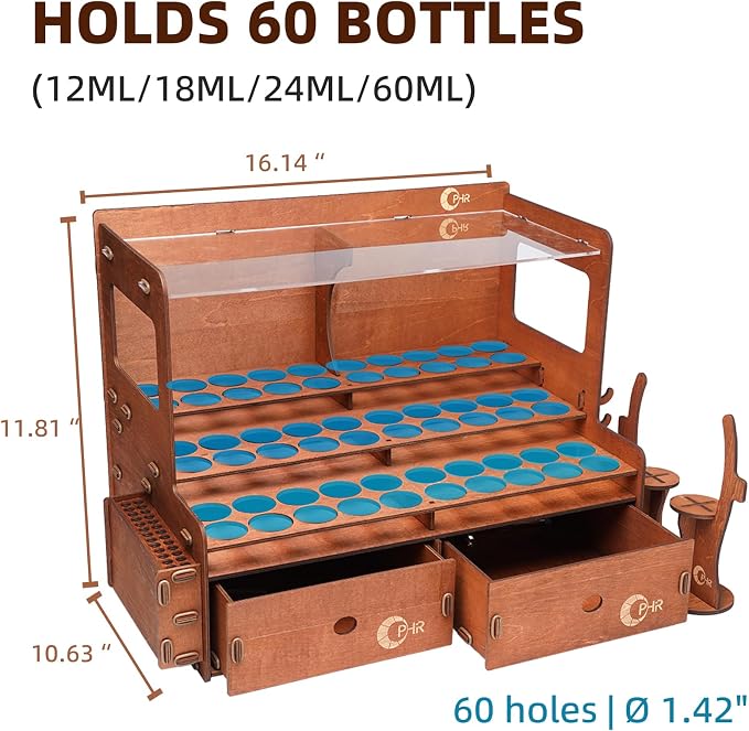 OPHIR Paint Rack for 60 Bottles and 32 Brushes, Wooden Acrylic Paint Organizer - Image 3