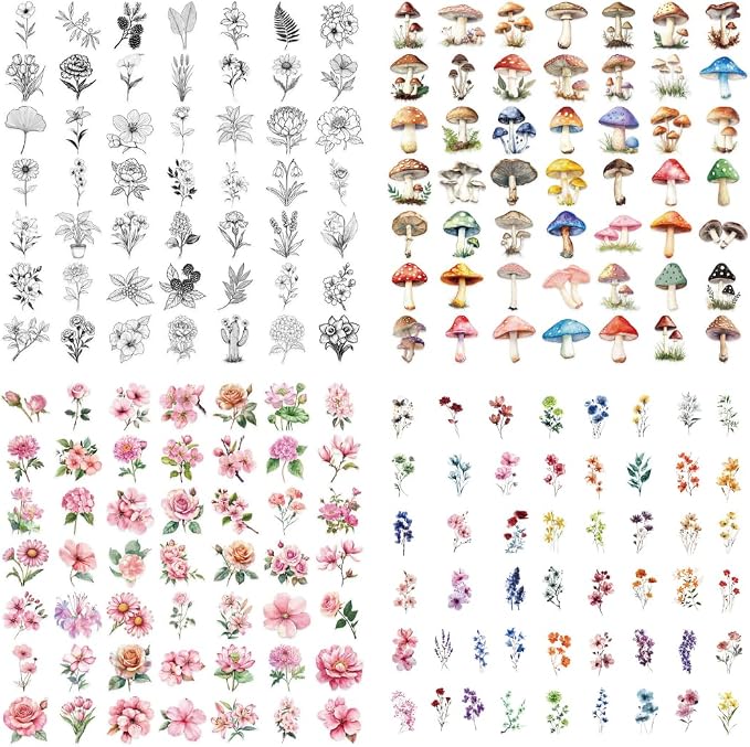 200 Pcs Clear PET Stickers Black Fine Line Flowers, Wildflowers & Mushrooms by Esland