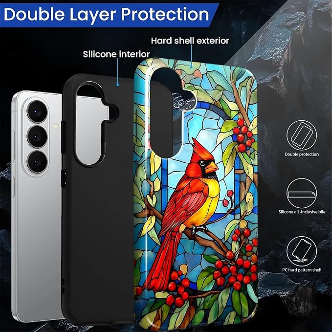 for Samsung Galaxy S26+ Case, Stained Glass Cardinal Bird Pattern Glossy 2 in 1 - Image 6