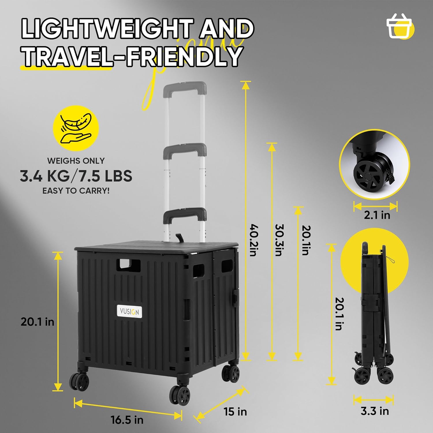 VUSIGN Folding Utility Cart, Foldable Rolling Crate Handcart with Lid, Portable Collapsible Shopping Trolley Tool Box, 4 Rotate Wheels for Grocery, Office, Travel, Teacher, Luggage, Black