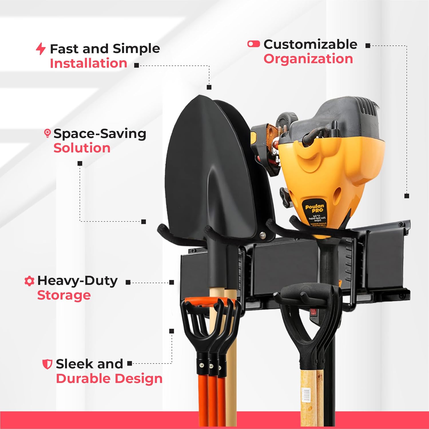 Garage Wall Organizer | 32" Heavy-Duty Tool Storage Rack | Adjustable Double-Layer Hooks | 200 lbs Capacity | Carbon Steel Wall Mount Holder for Shovels, Rakes, Ladders & Power Tools